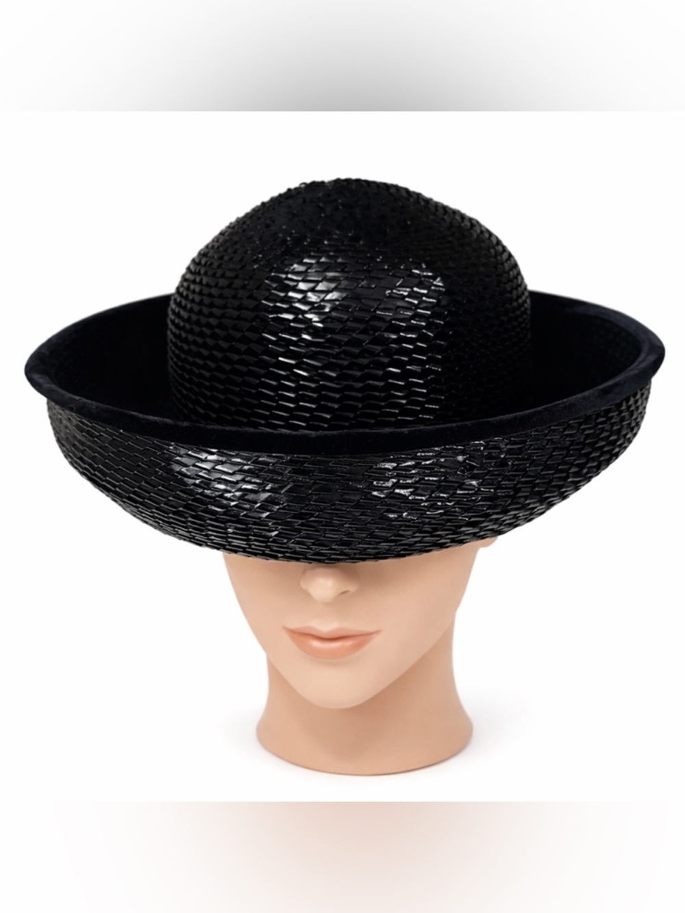 Vintage navy woven hat with velvet bow and trim. - Picture 2 of 8